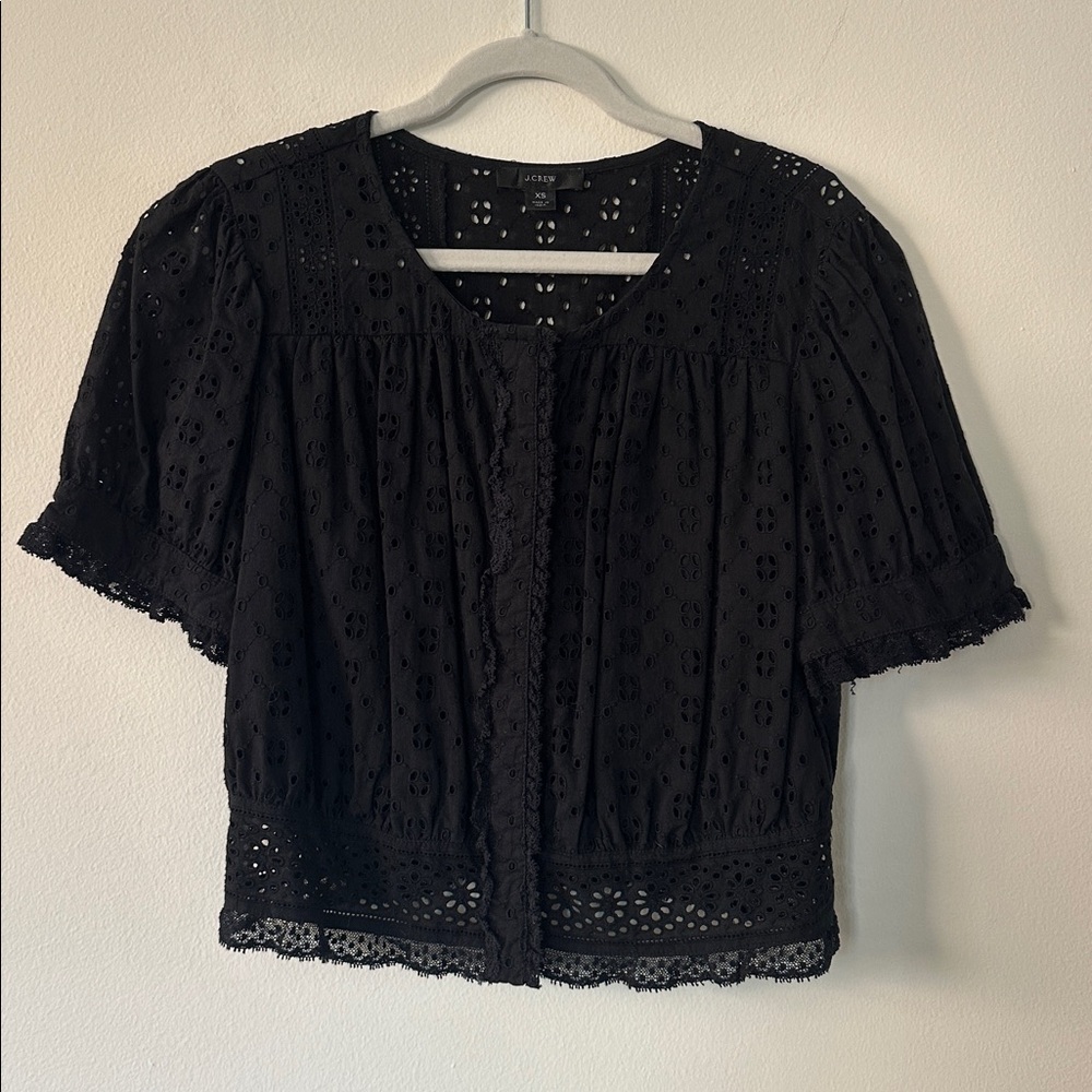 J. Crew Black Eyelet Short Sleeve Button-Up Blouse
